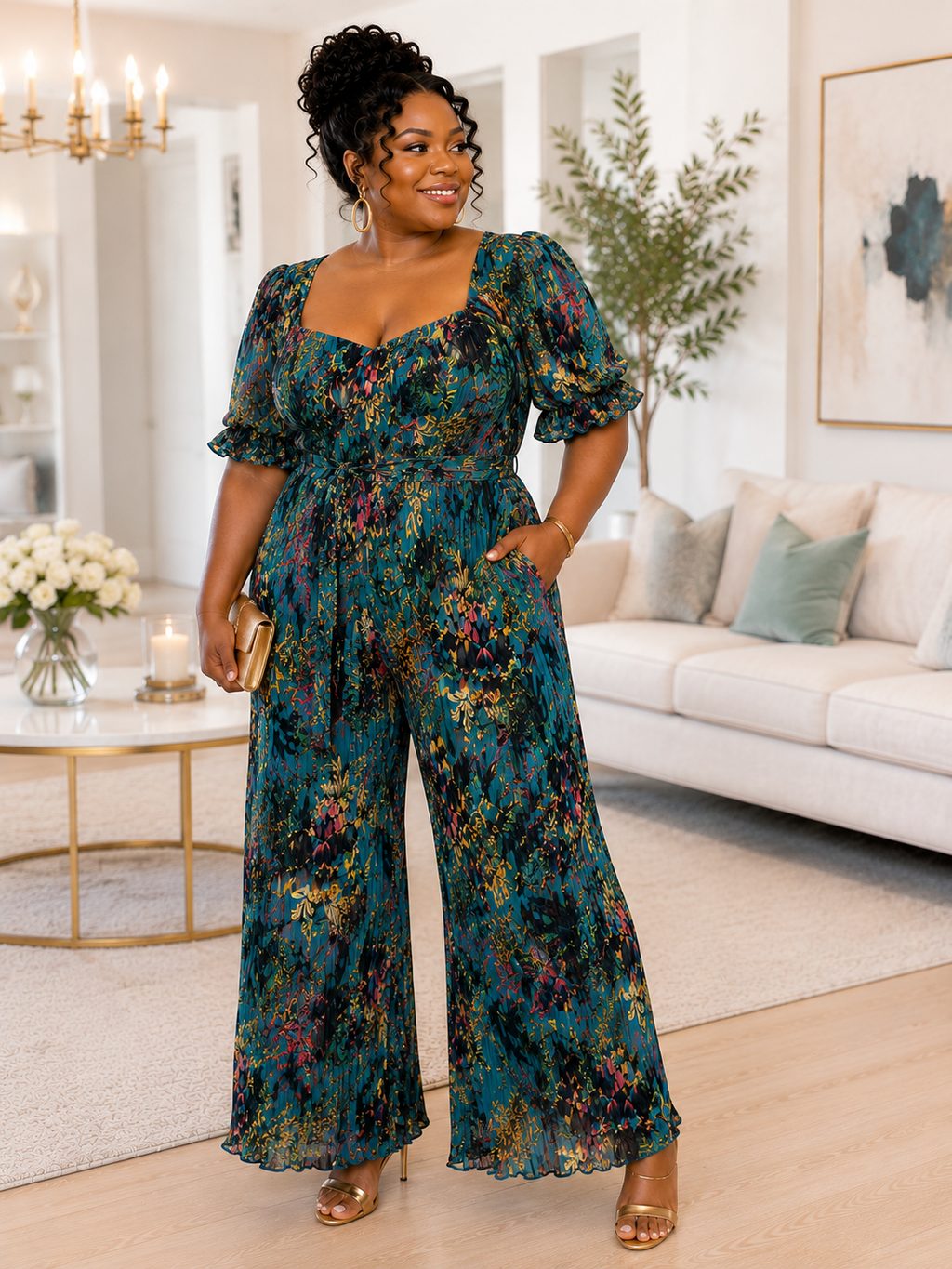 #152 Tropical Pleated Jumpsuit