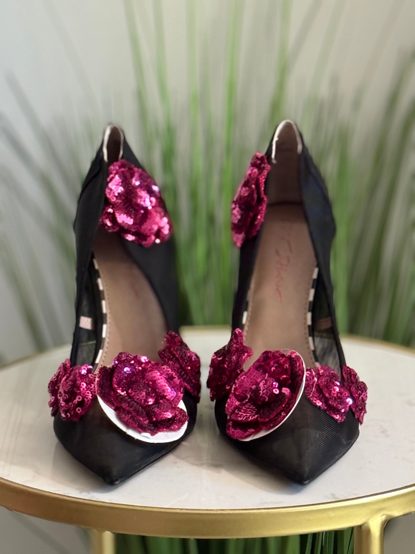 #327 Sequin Mesh Floral Heels