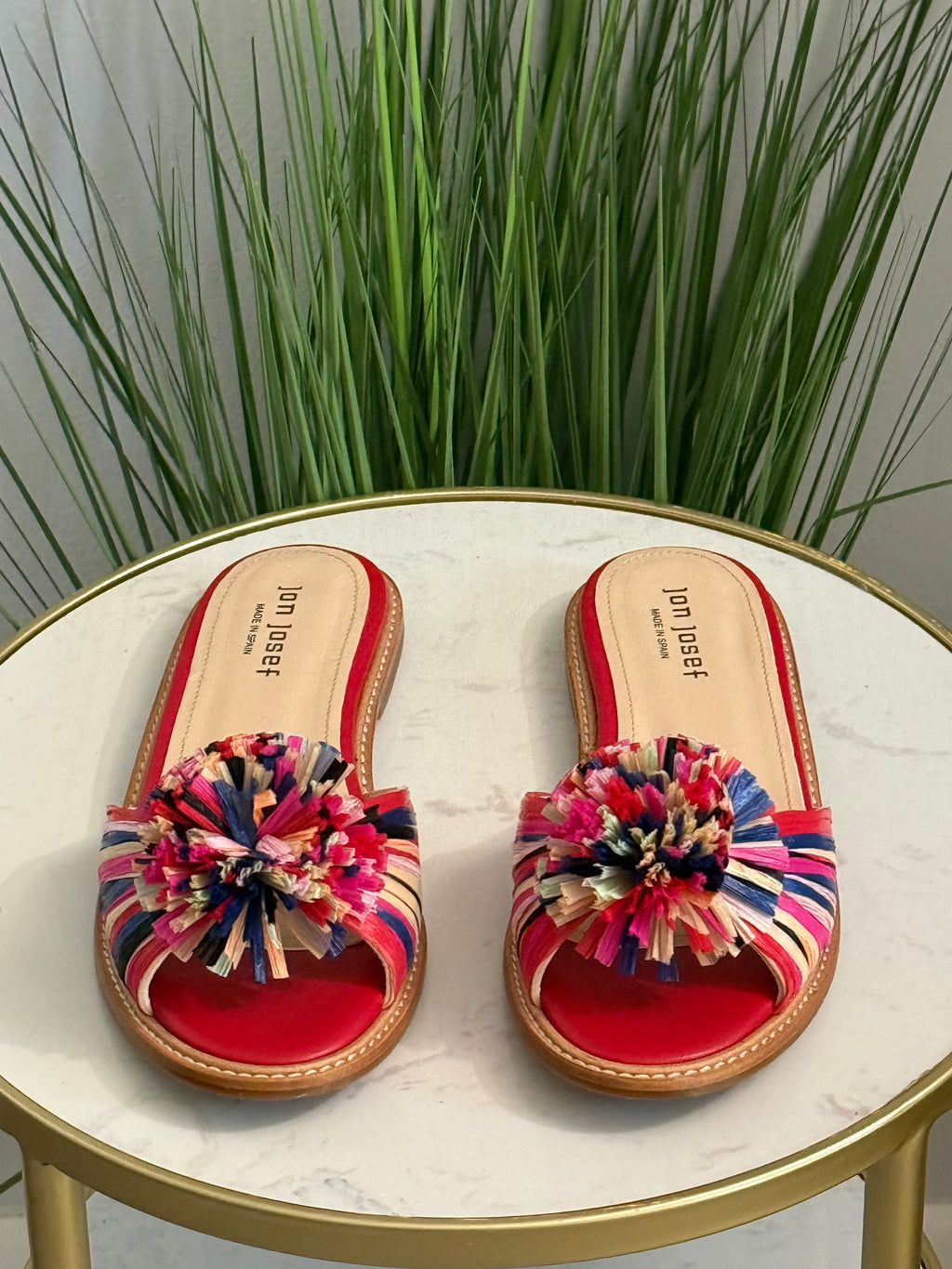 #203 Colorful Raffia Pom-Pom Slide Sandals