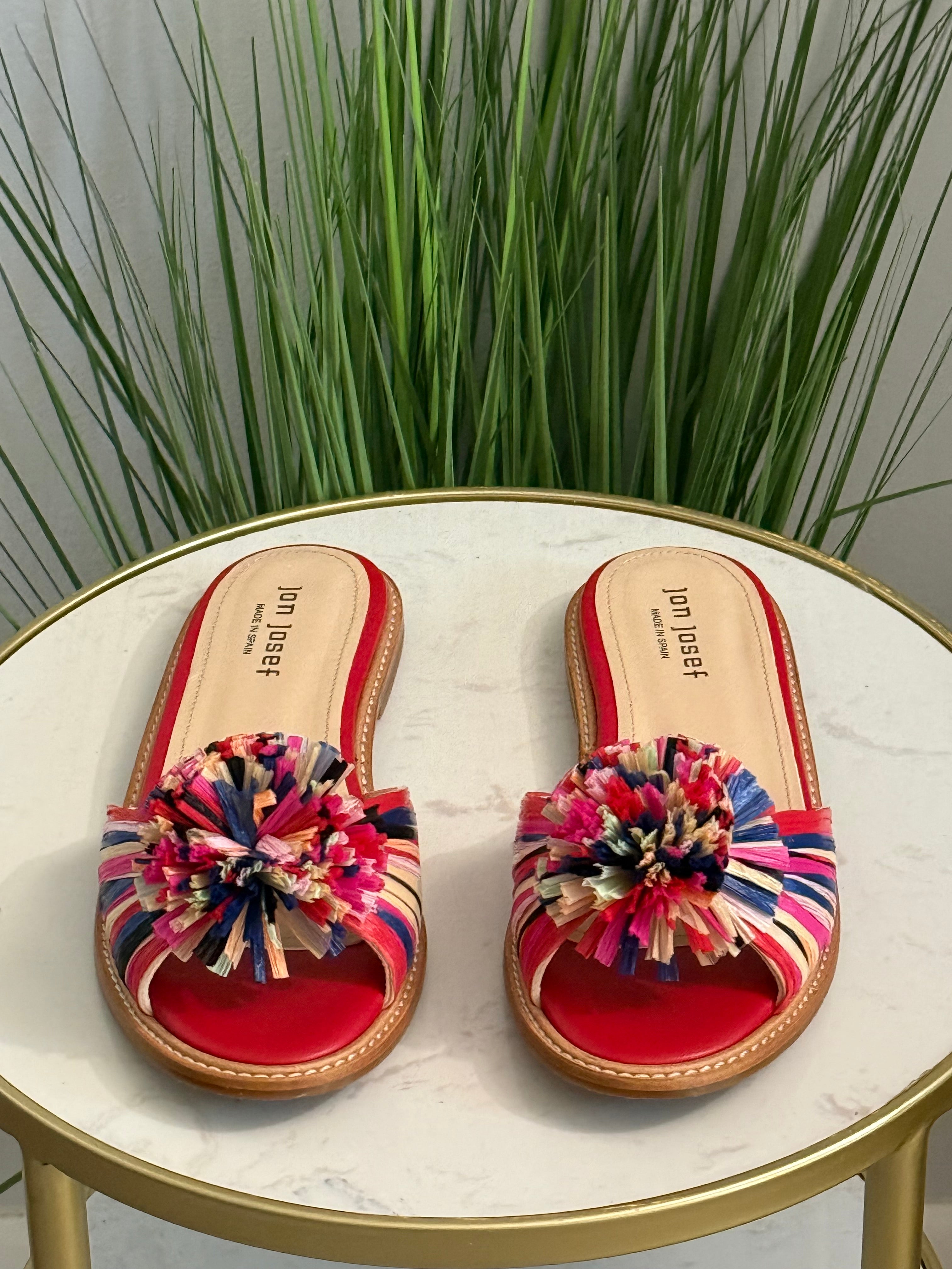 #203 Colorful Raffia Pom-Pom Slide Sandals