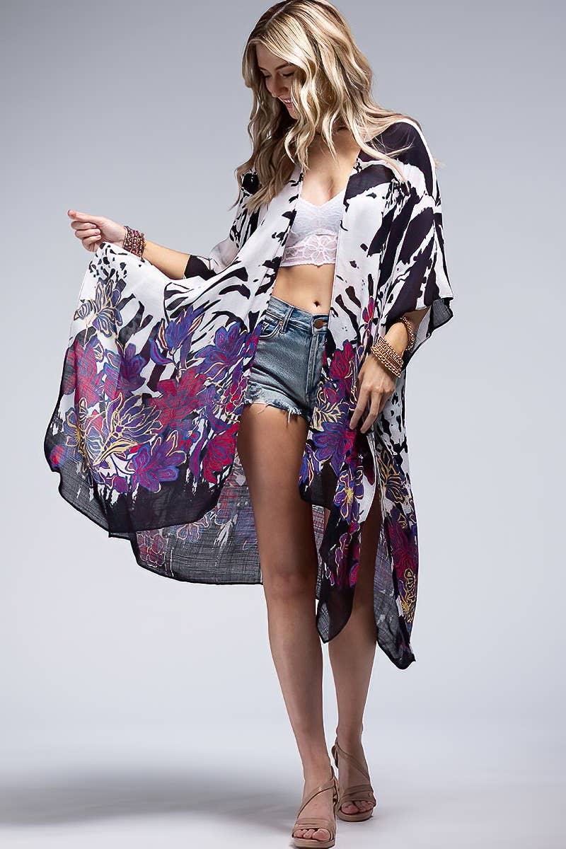 Monotone Flower Print Kimono: Zebra Multi / OS