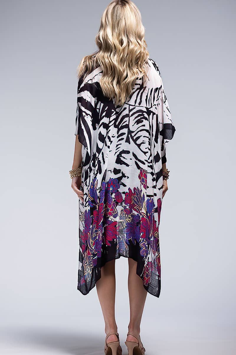 Monotone Flower Print Kimono: Zebra Multi / OS