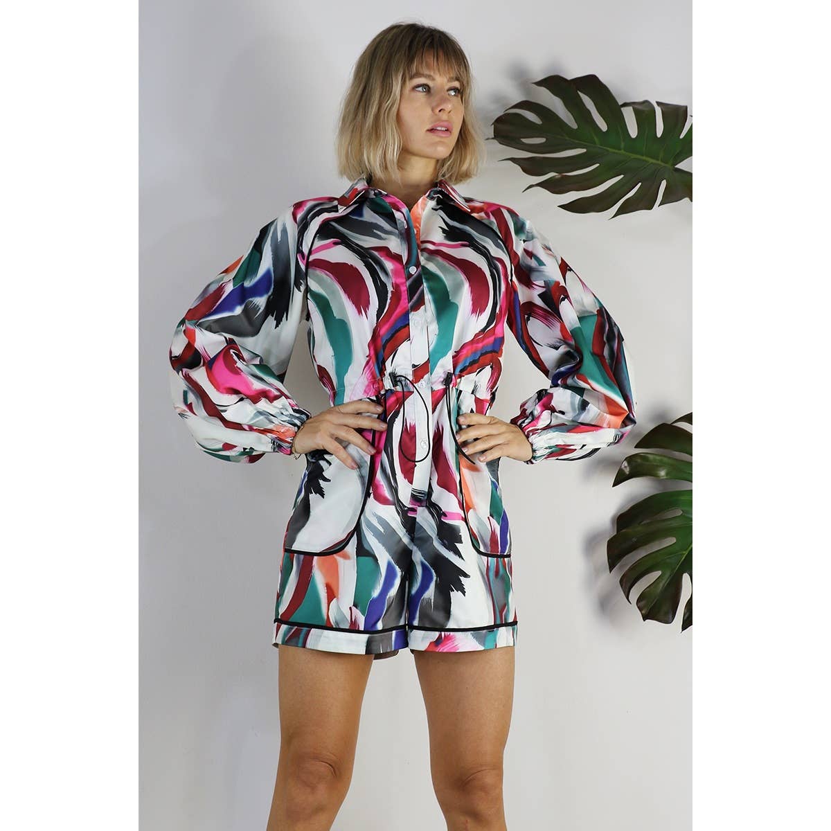 #204 PIPING POCKET LONG SLEEVE ROMPER