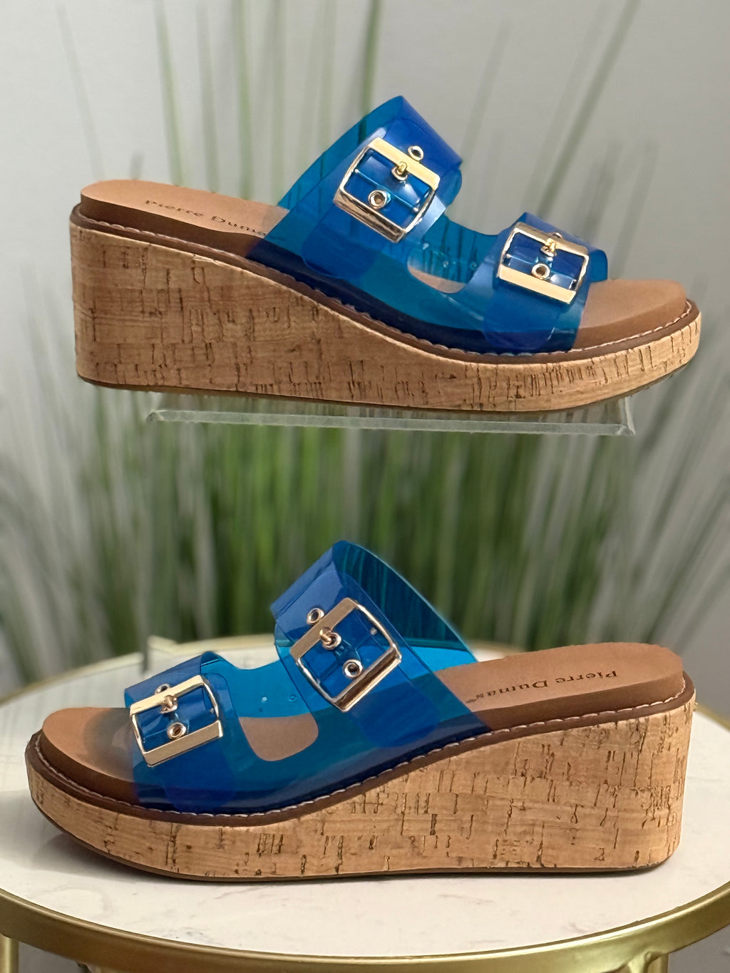 #215 Blue Clear Double Buckle Wedge Sandals 🚨sizedown