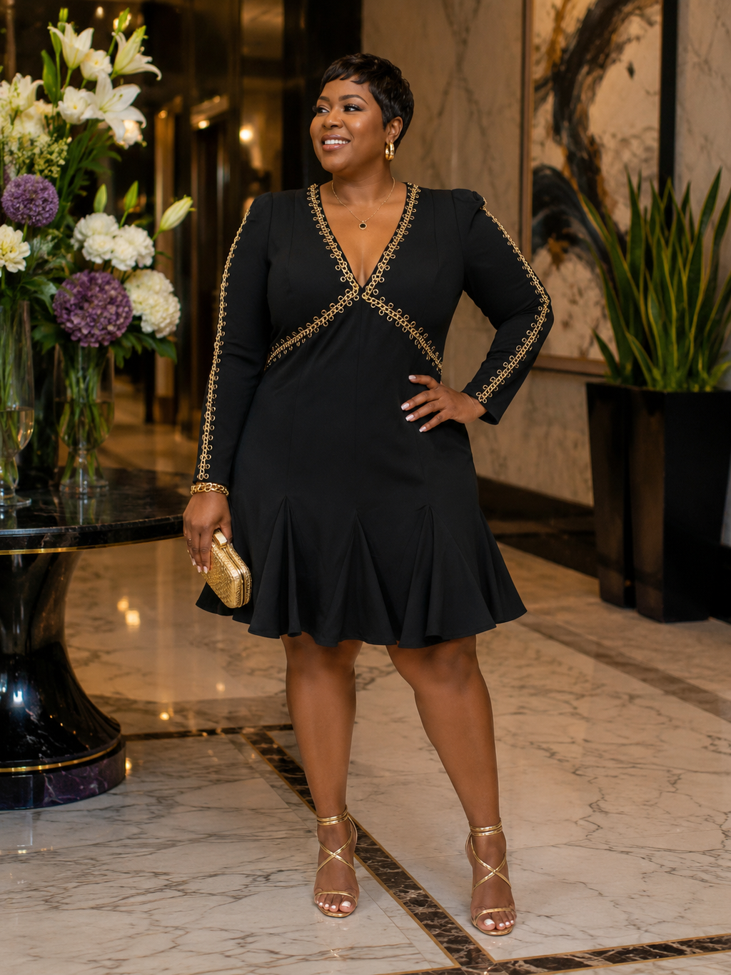 Gold Chain Trim Flare Dress #130