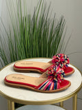#203 Colorful Raffia Pom-Pom Slide Sandals