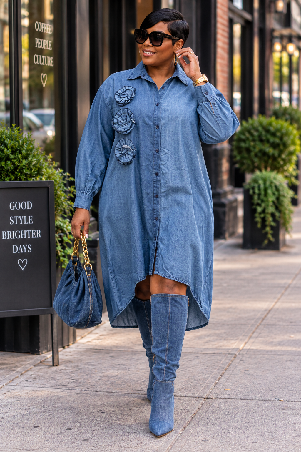 Chambray High-Low Denim Dress with Floral Rosettes| L,XL| #102