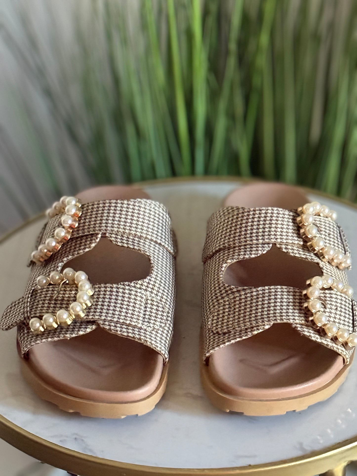 #228 Houndstooth Double Pearl Buckle Sandal