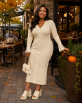 Ribbed Knit Button-Front Midi Dress