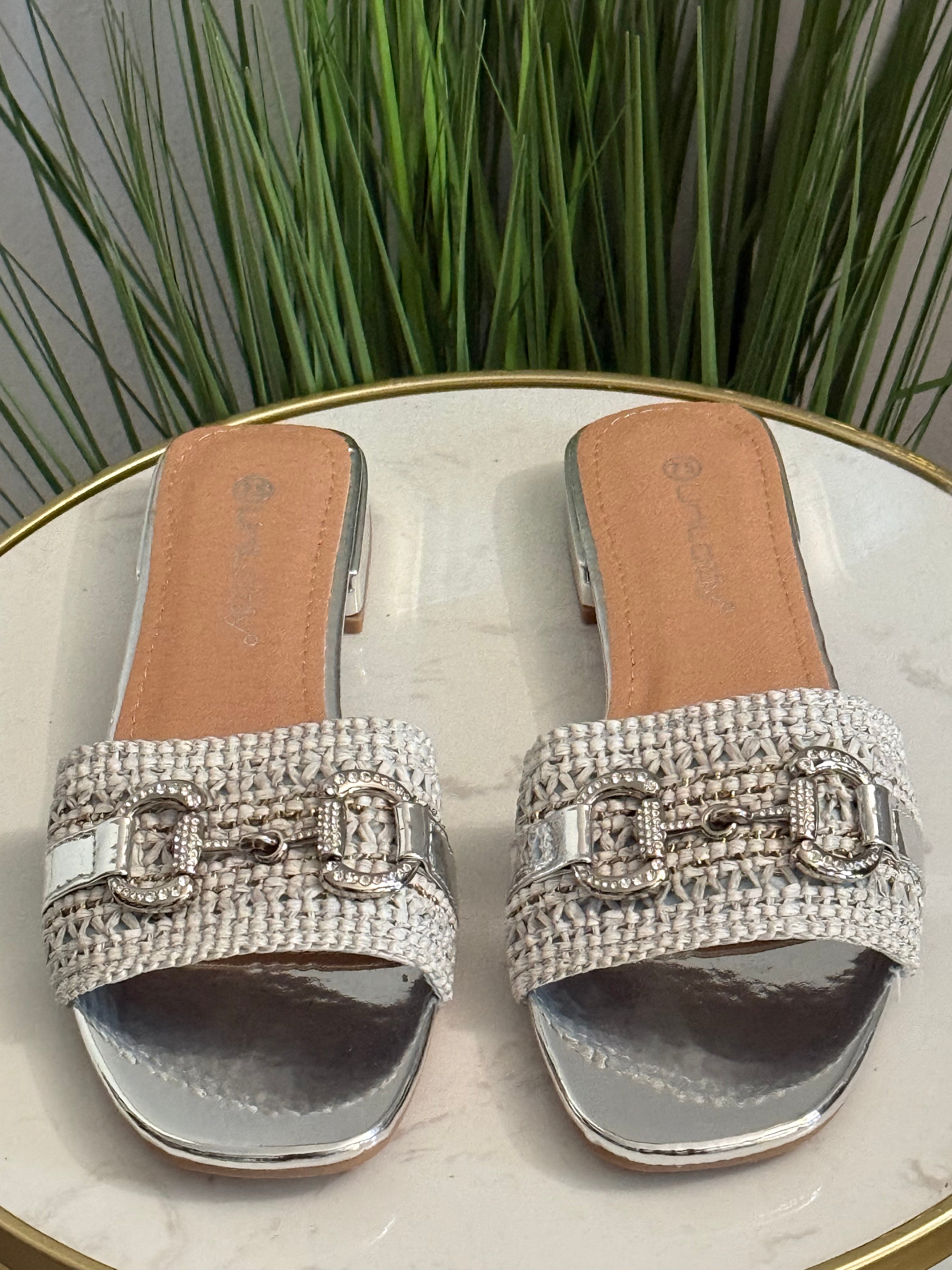 #273 Elegant Metallic Woven Slide Sandals