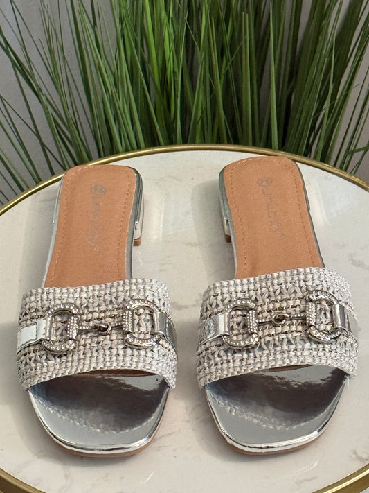 #273 Elegant Metallic Woven Slide Sandals