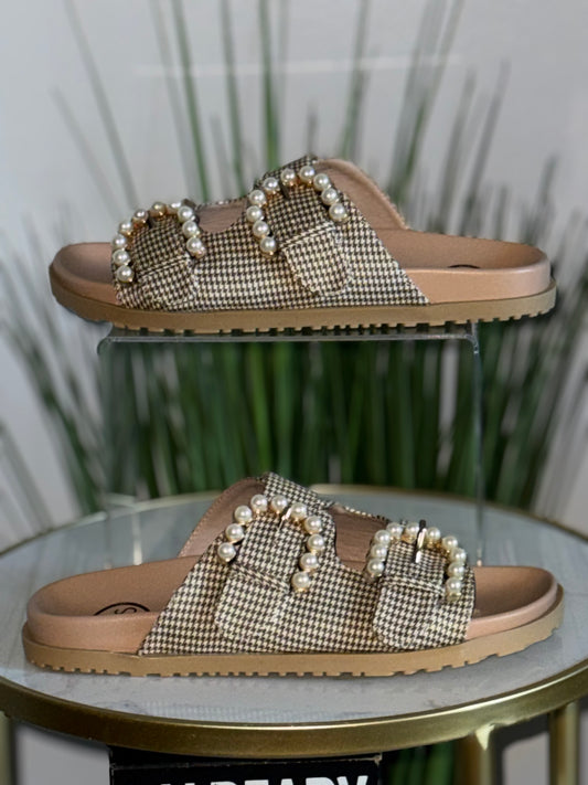 #228 Houndstooth Double Pearl Buckle Sandal