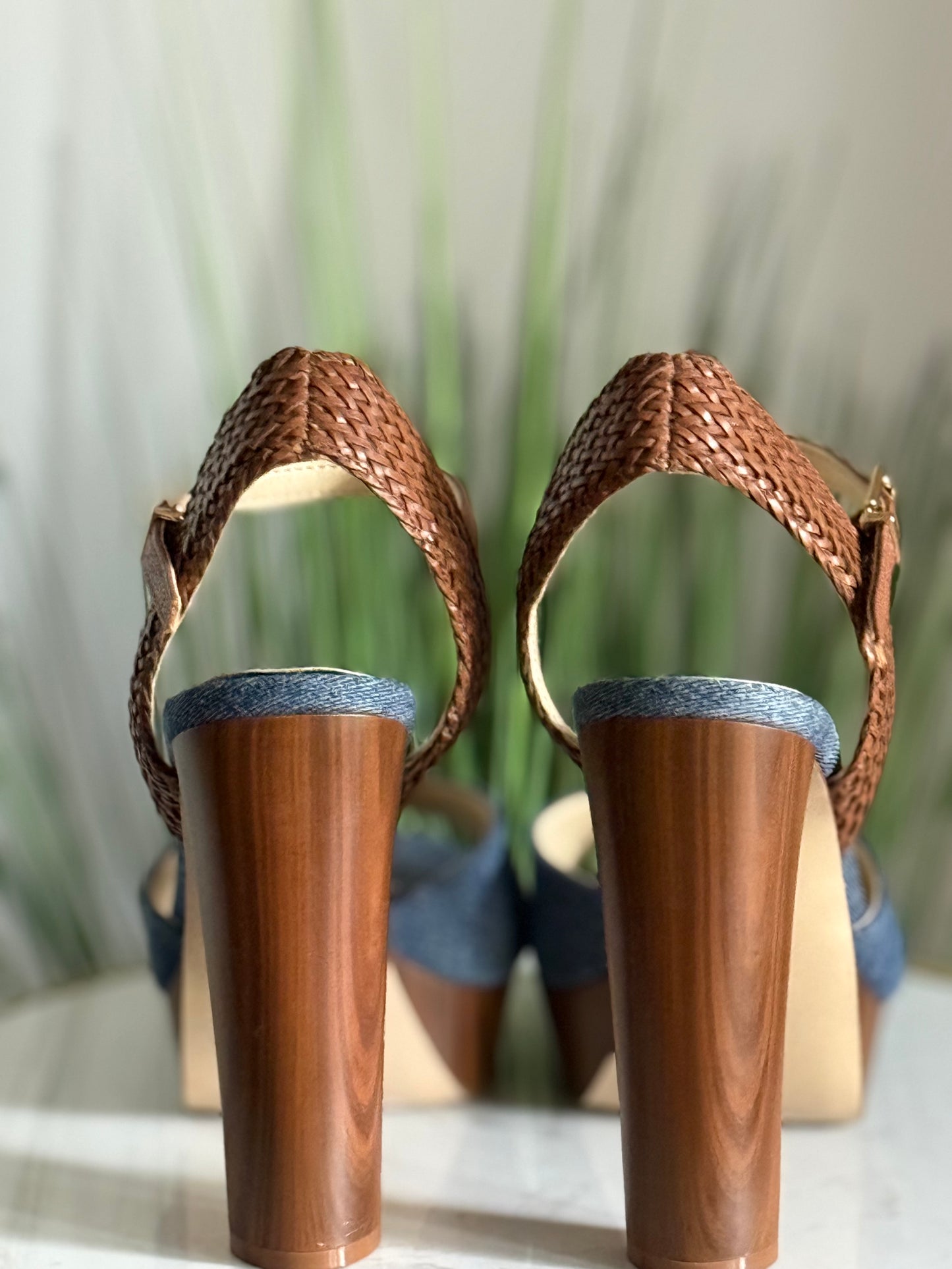 #214 Denim/Wood Platform Heels