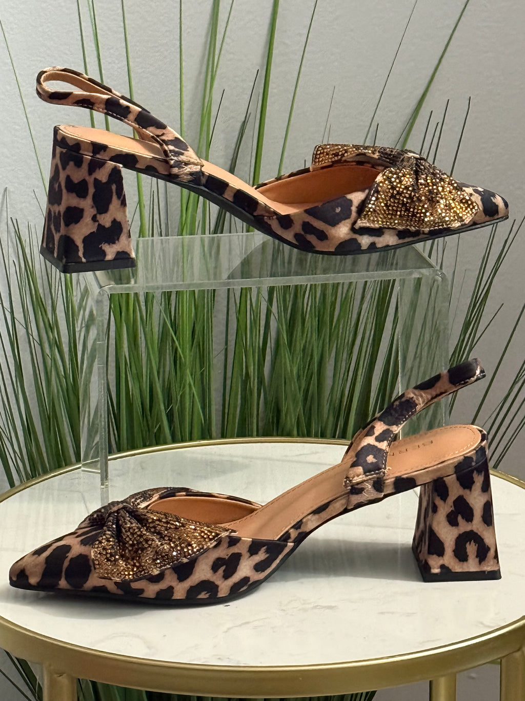 Precious Leopard Print Slingback Rhinestone Bow Block Heels
