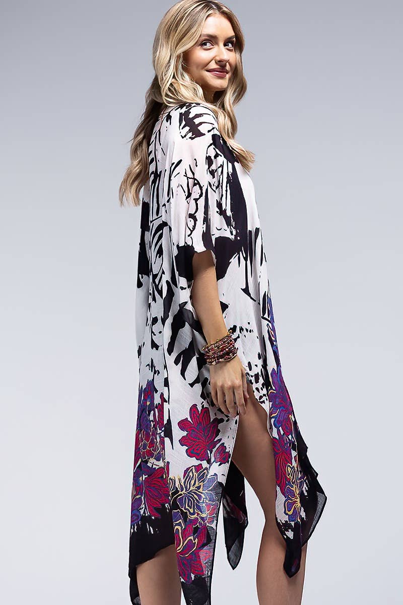 Monotone Flower Print Kimono: Zebra Multi / OS