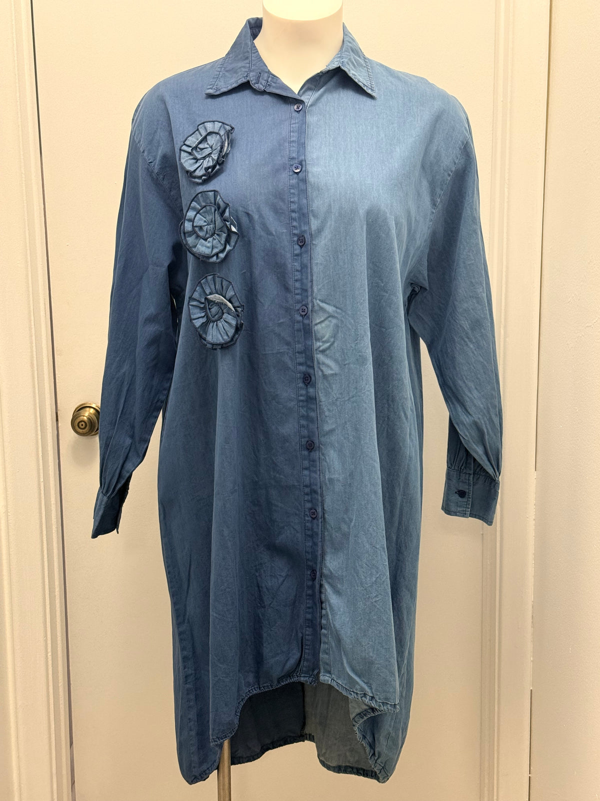 Chambray High-Low Denim Dress with Floral Rosettes| L,XL| #102