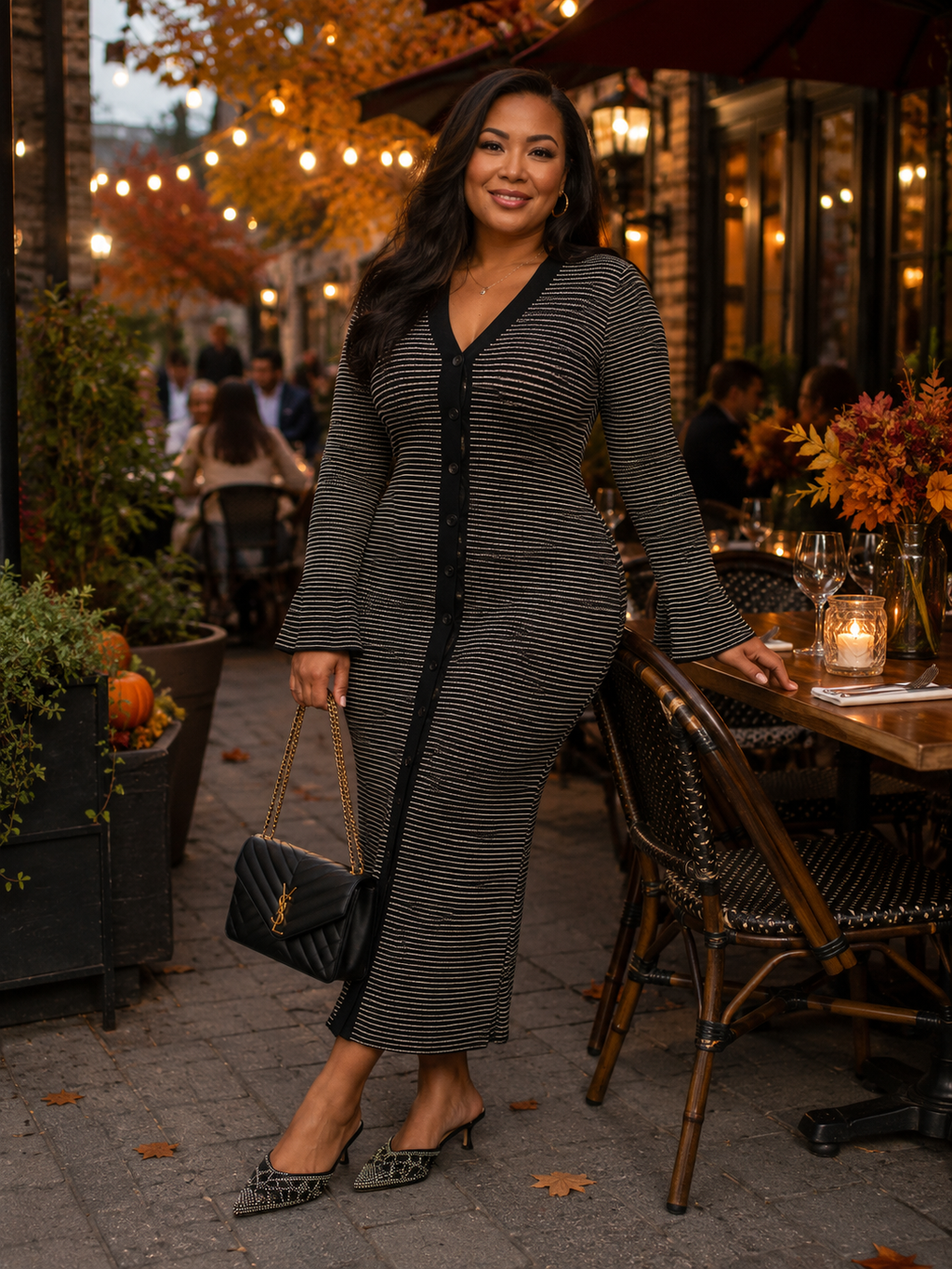 Striped Ribbed Knit Button-Front Midi Dress