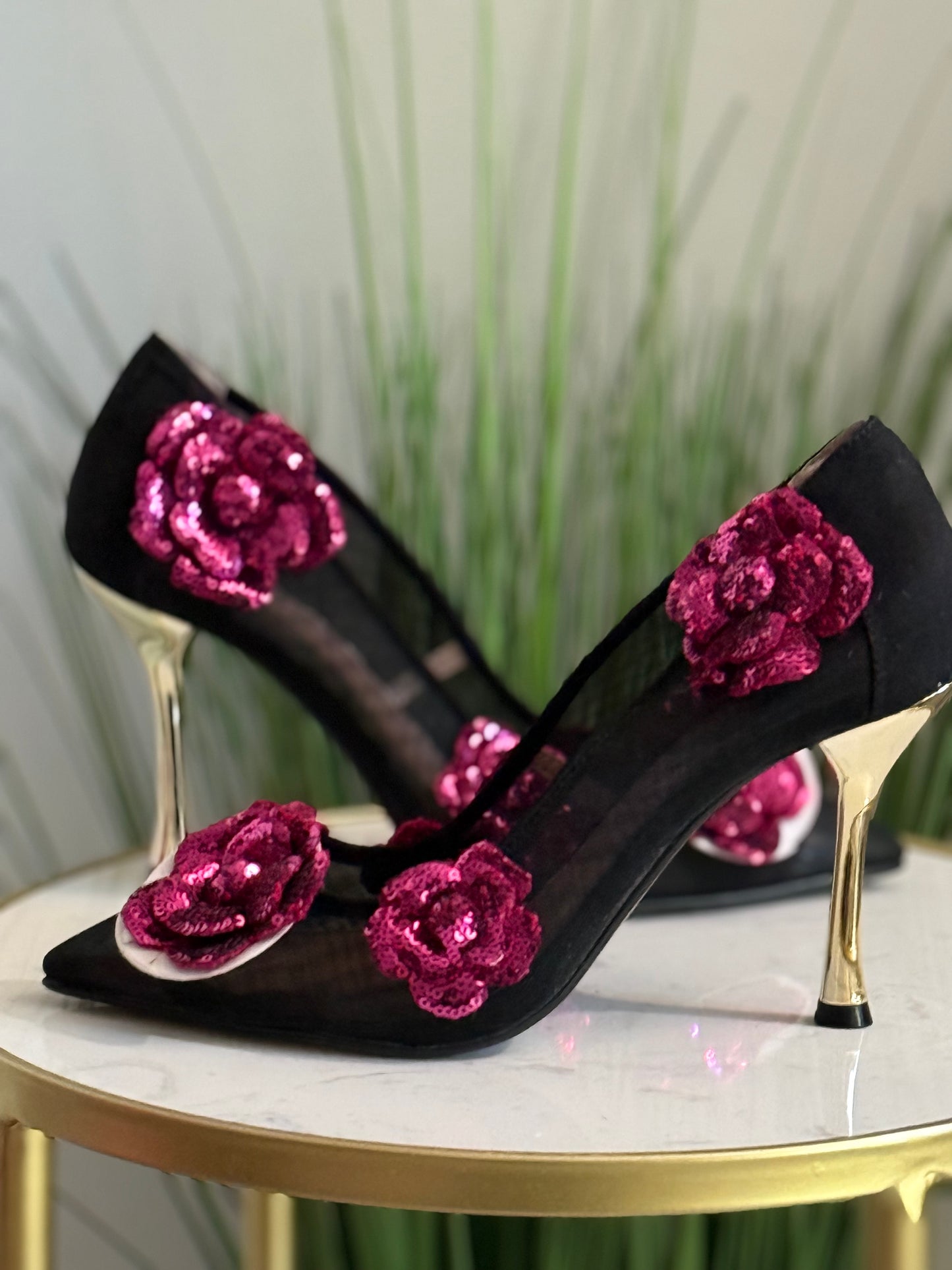 #327 Sequin Mesh Floral Heels