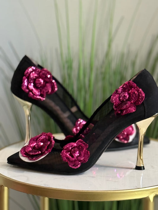 #327 Sequin Mesh Floral Heels
