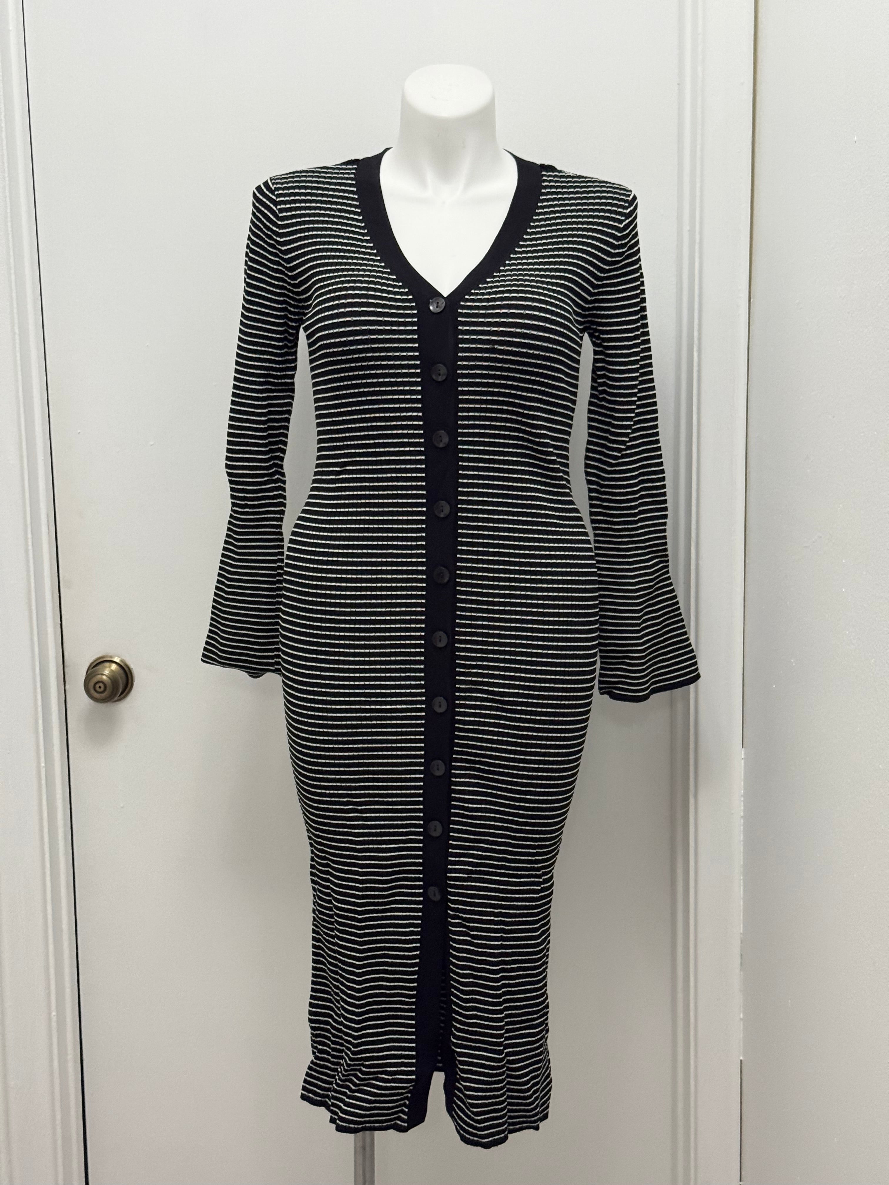 Striped Ribbed Knit Button-Front Midi Dress