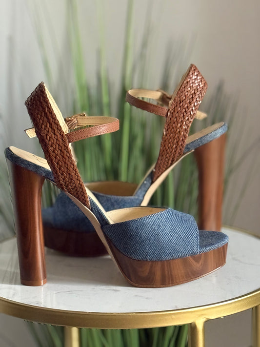 #214 Denim/Wood Platform Heels