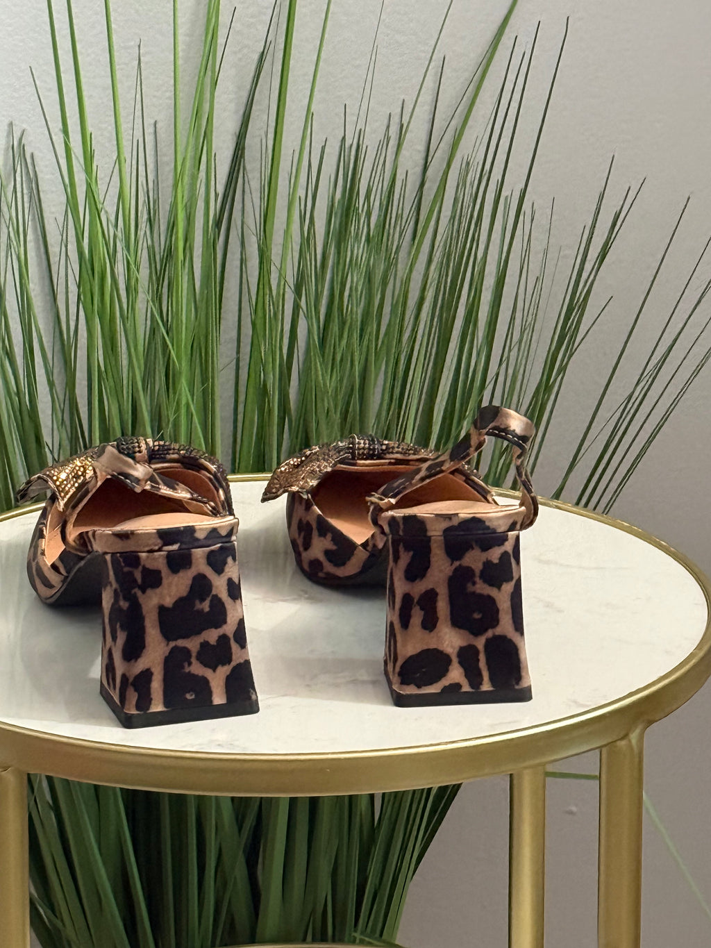 Precious Leopard Print Slingback Rhinestone Bow Block Heels