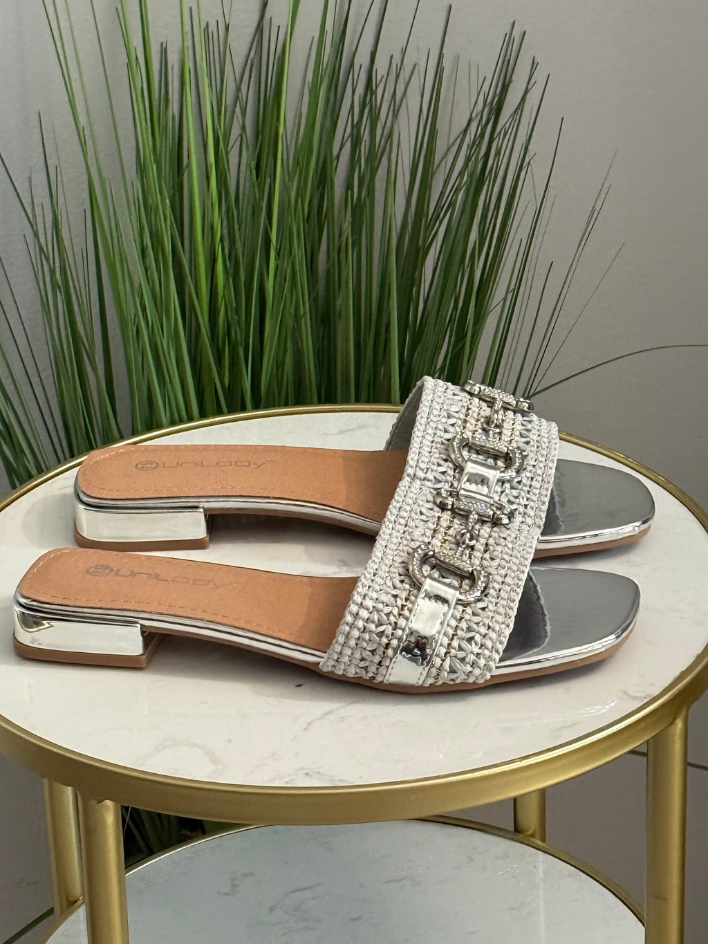 #273 Elegant Metallic Woven Slide Sandals