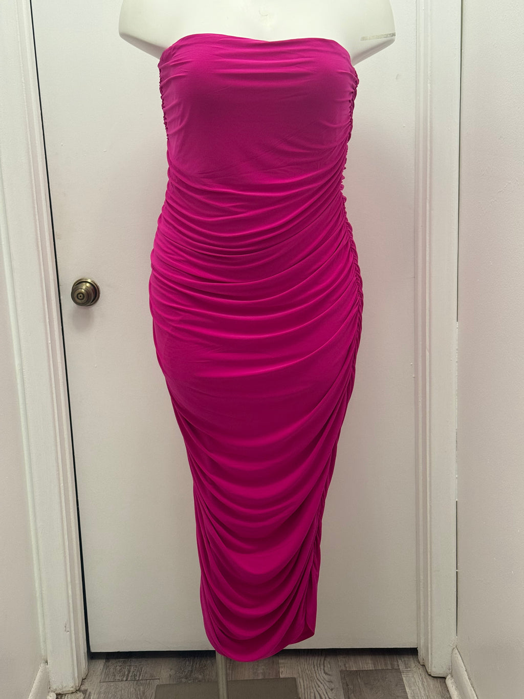 #74 Ruched Strapless Midi Dress