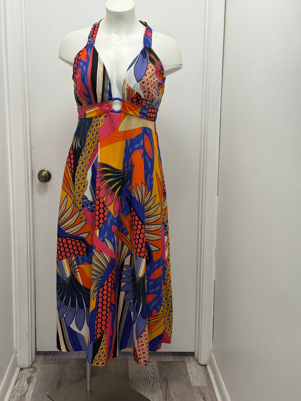 #151 Tropical Sunset Halter Midi Dress