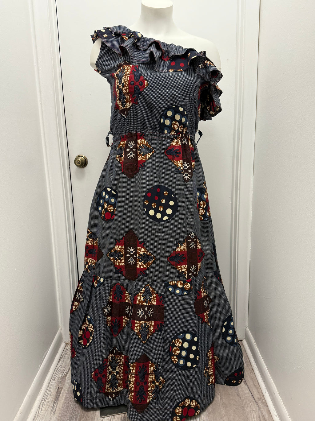 #184 African Print One-Shoulder Ruffle Maxi Dress