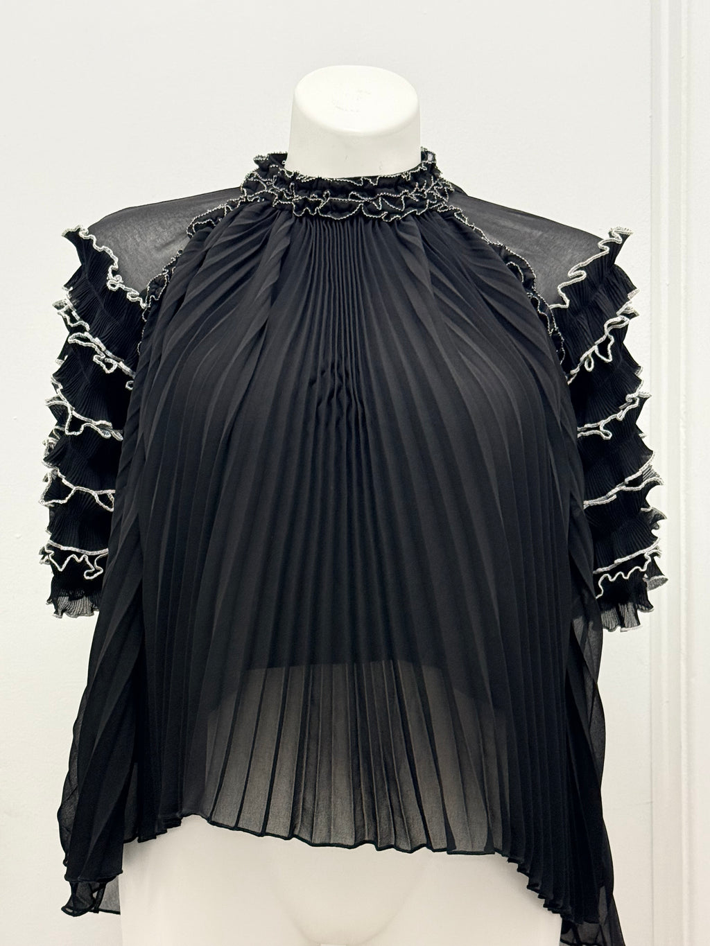 Black Sheer Pleated Ruffle Sleeve Blouse #134