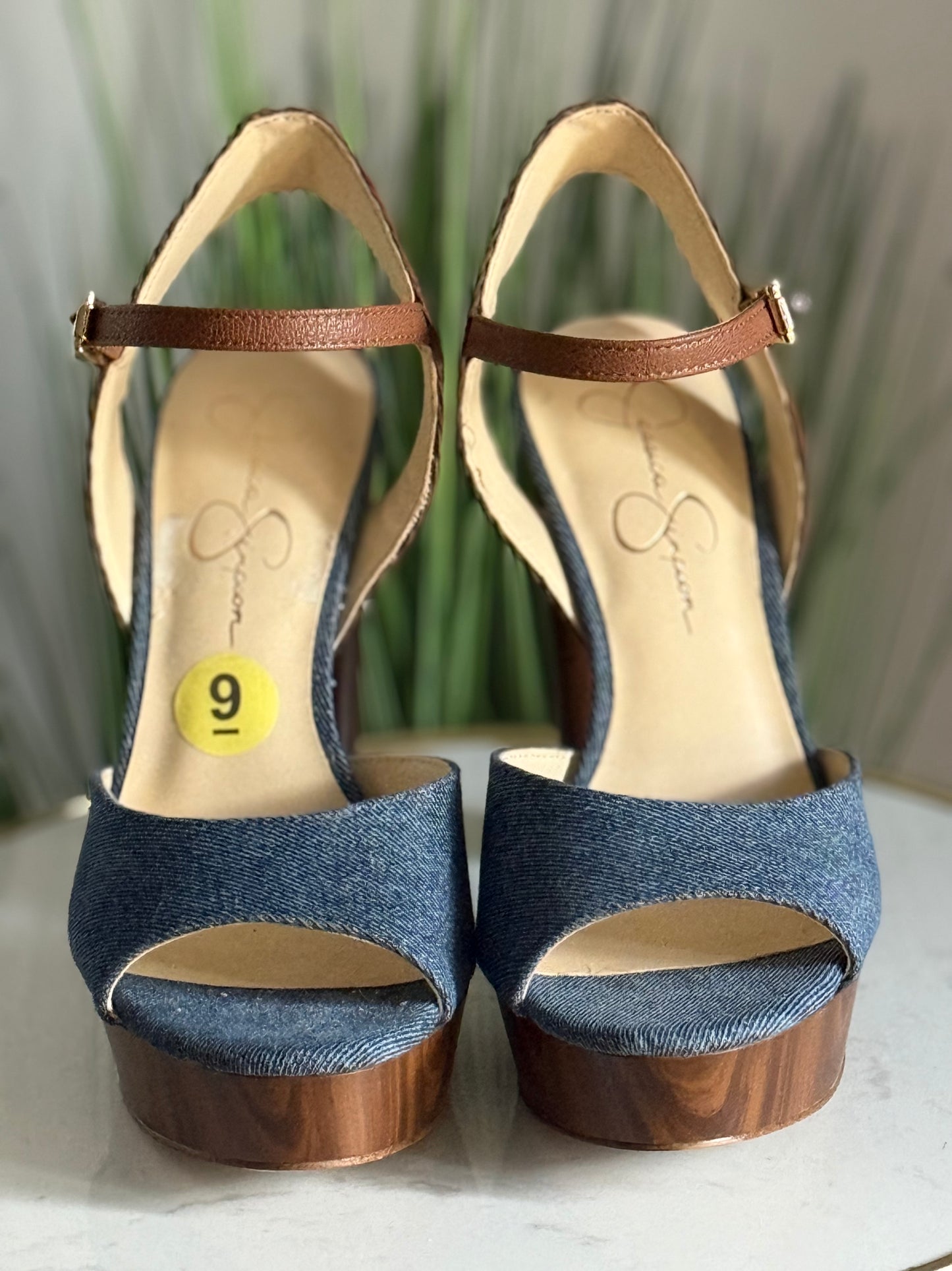 #214 Denim/Wood Platform Heels