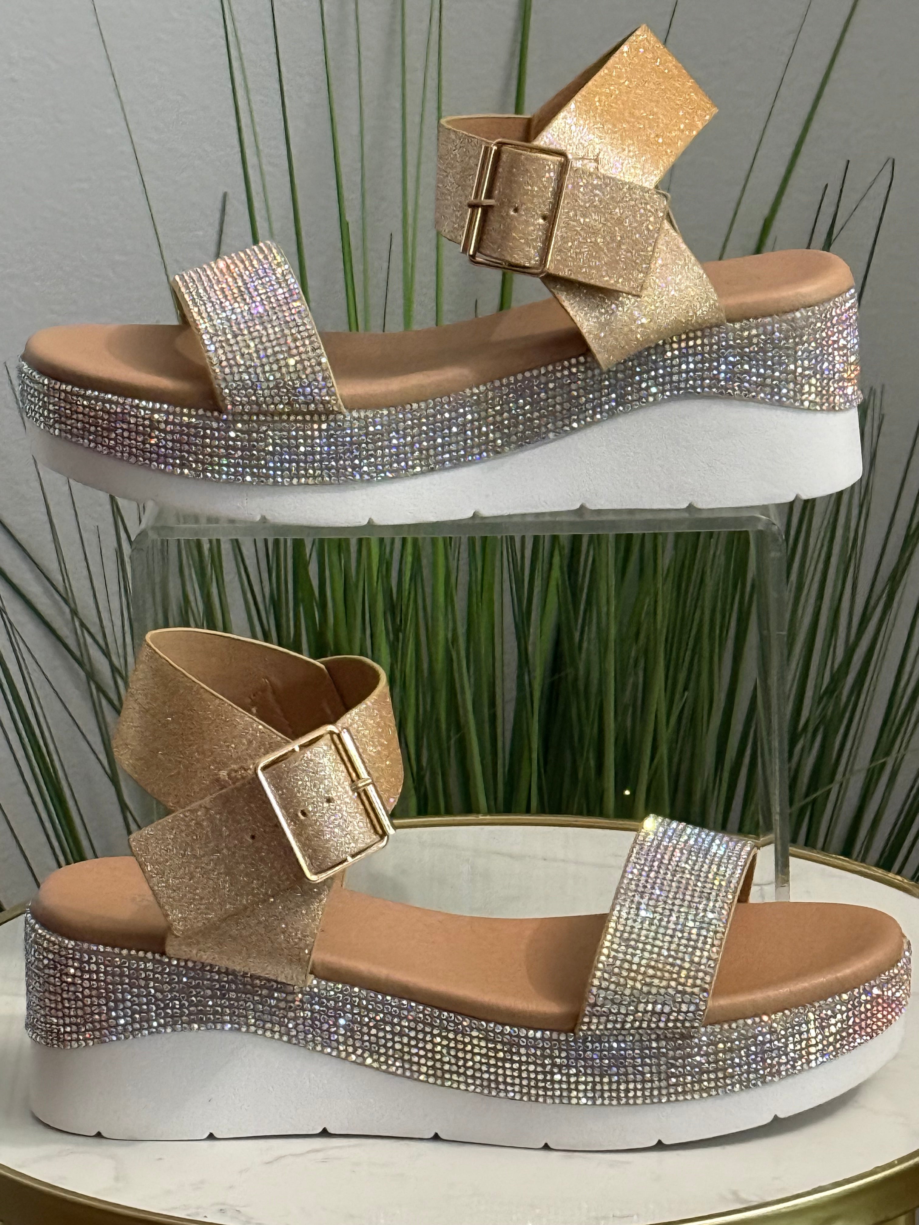 #218 Disco Sparkly Buckle Strap Wedge Sandals