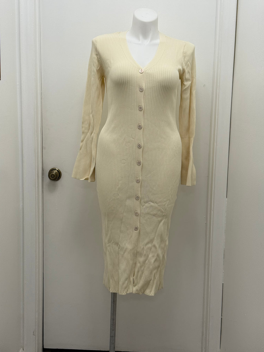 Ribbed Knit Button-Front Midi Dress
