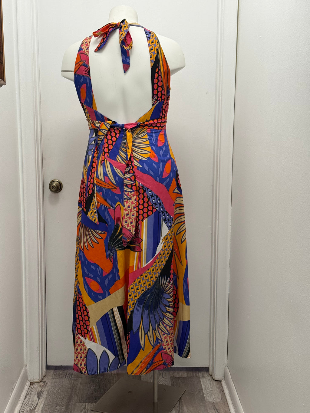#151 Tropical Sunset Halter Midi Dress