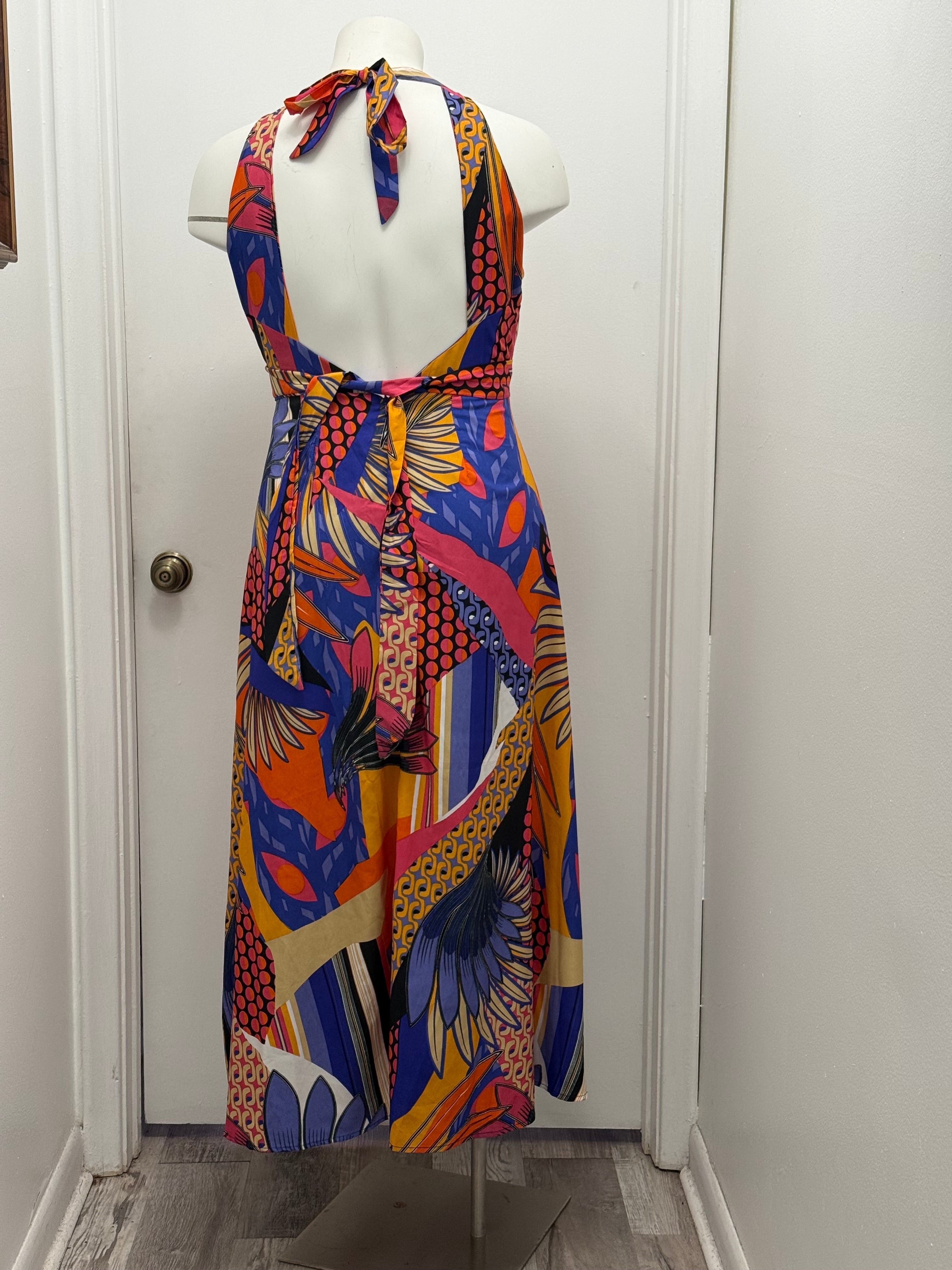 #151 Tropical Sunset Halter Midi Dress