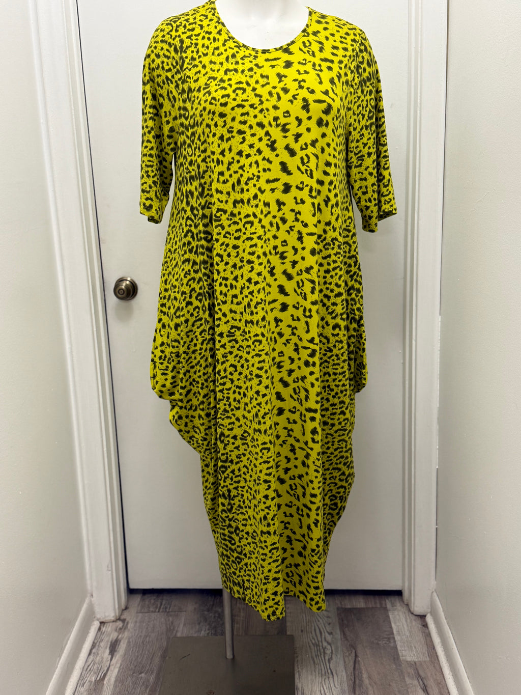 #135 Neon Leopard Print Draped Jersey Dress