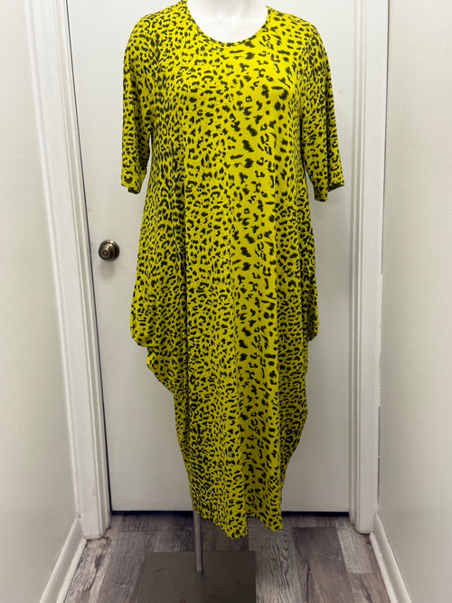#135 Neon Leopard Print Draped Jersey Dress