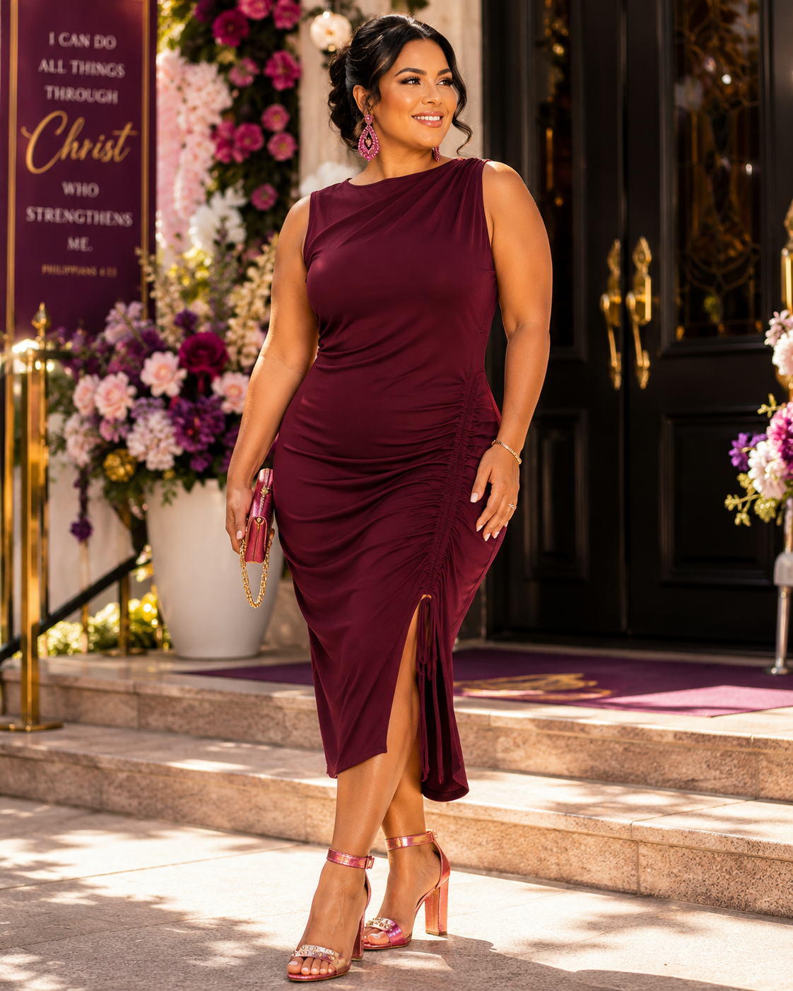 Sleeveless Bodycon 
Ruched Midi Dress