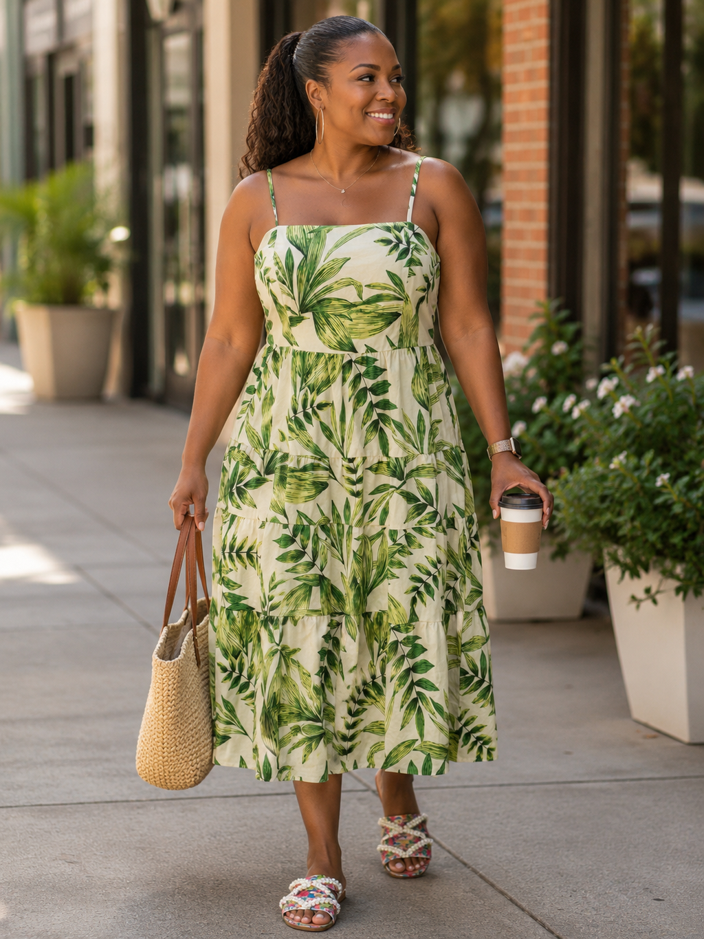 #3 Tropical Leaf Print Midi Sundress