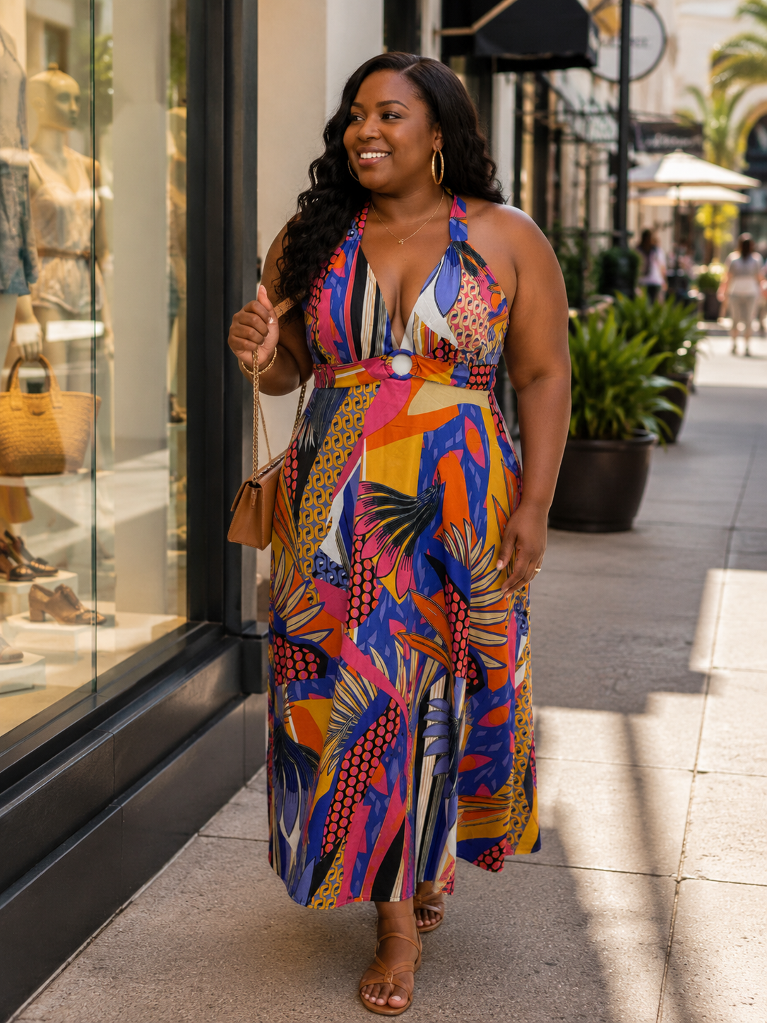 #151 Tropical Sunset Halter Midi Dress
