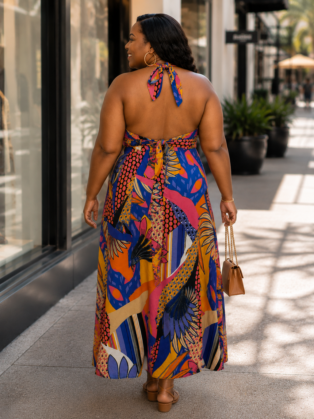 #151 Tropical Sunset Halter Midi Dress