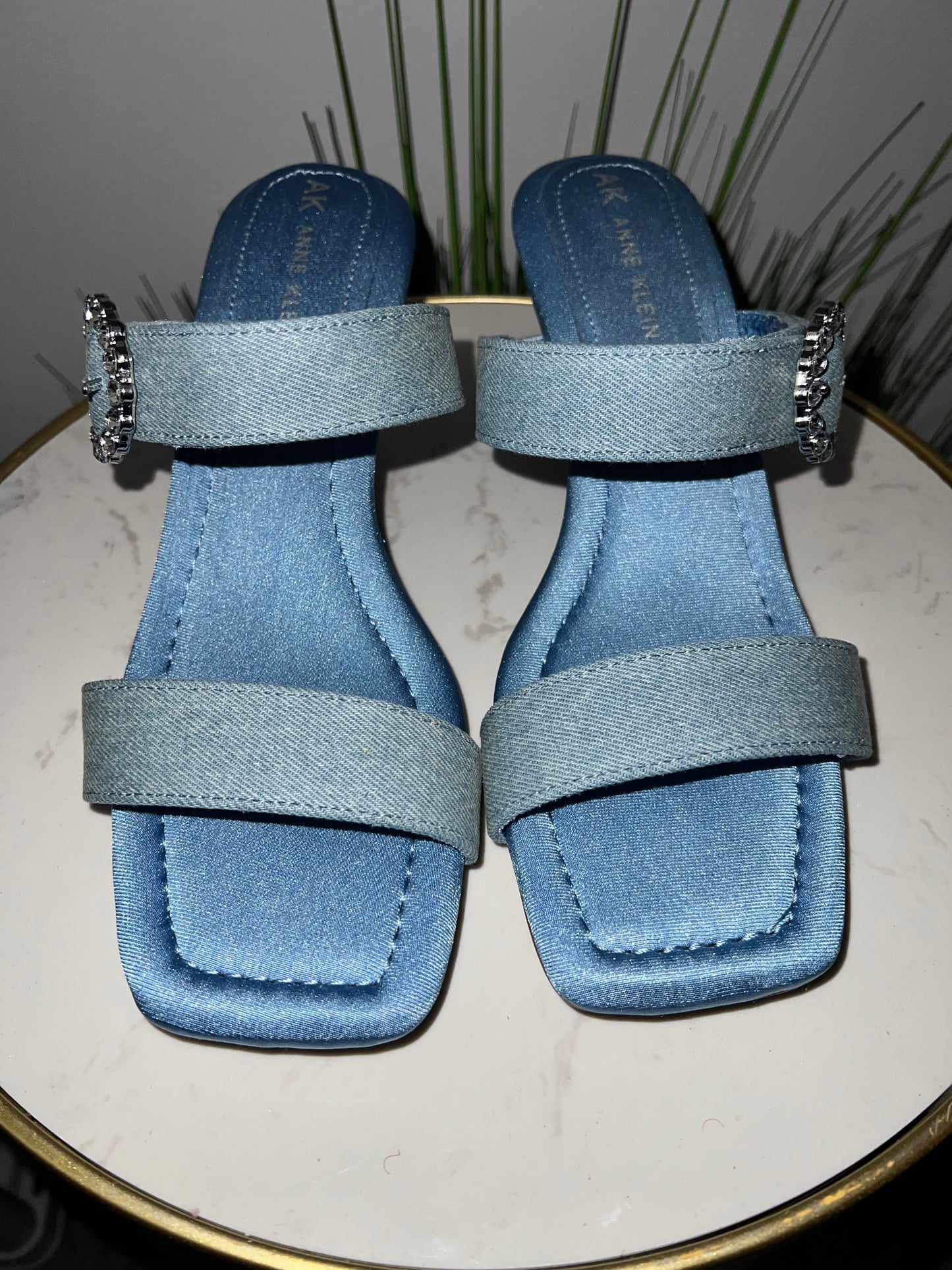 Denim Crystal Buckle Heel