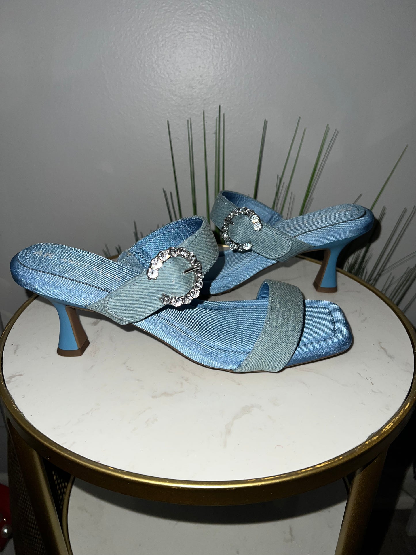 Denim Crystal Buckle Heel