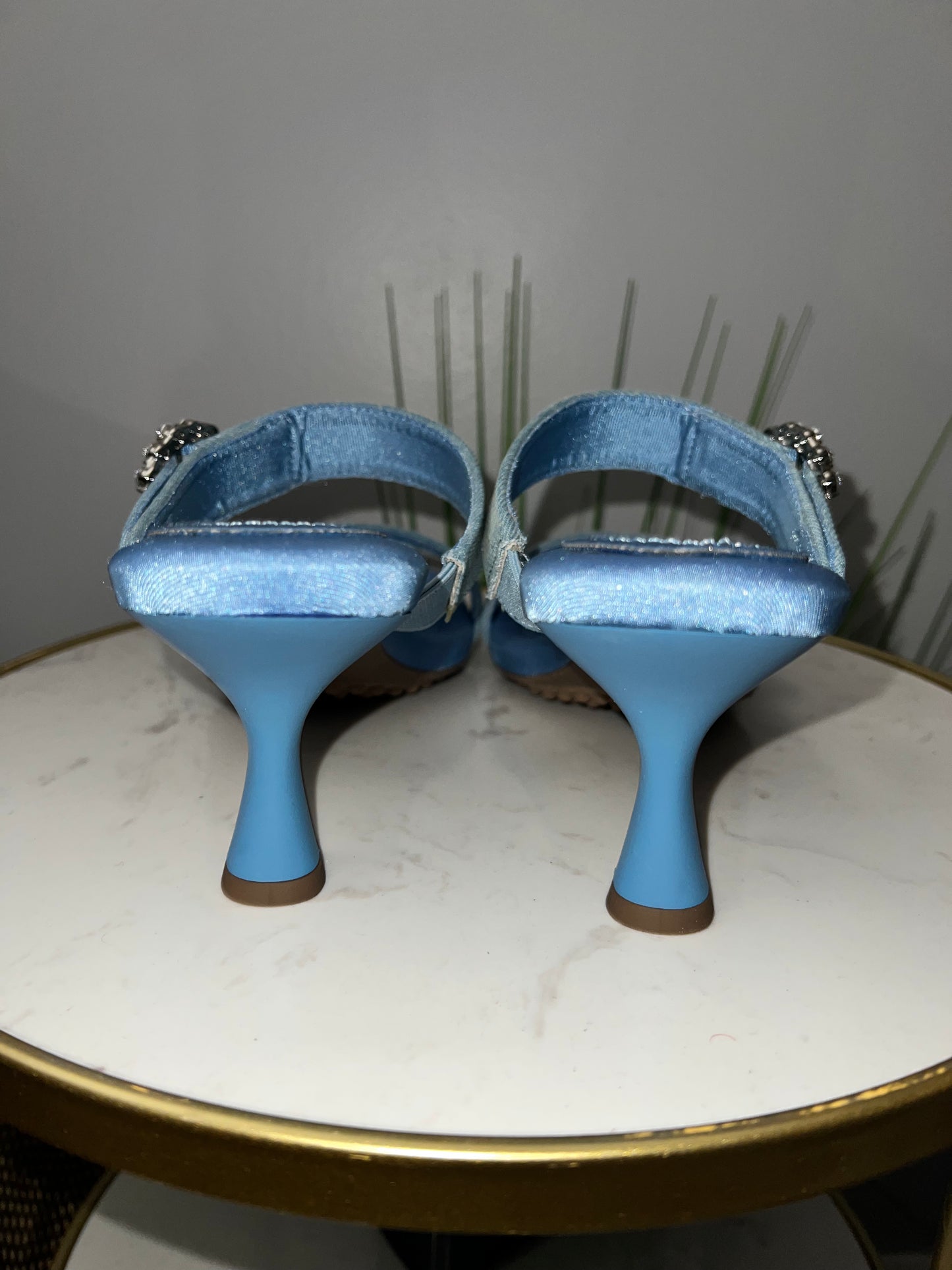 Denim Crystal Buckle Heel